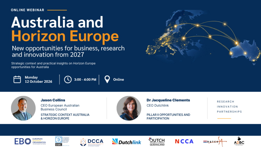Promotional banner for the Australia and Horizon Europe online webinar on Monday 12 October 2026 at 3:00pm, with speakers Jason Collins and Dr Jacqueline Clements.