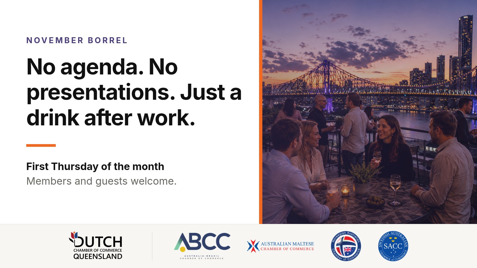 November borrel artwork: No agenda. No presentations. Just a drink after work. Guests talking on the Riverland terrace with the Story Bridge lit up behind them
