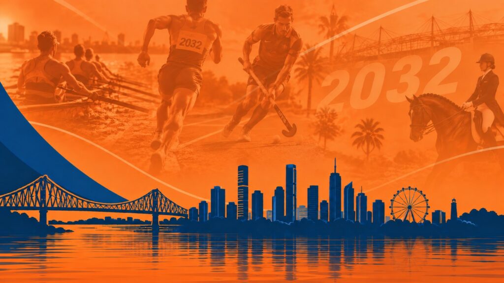 Orange and blue graphic of Brisbane and the Brisbane 2032 Games, with the Story Bridge and city skyline reflected in the river and athletes in rowing, athletics, hockey and equestrian behind.