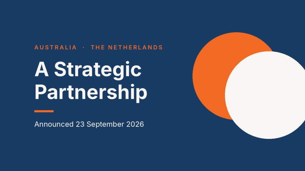 Graphic in DCCQ navy and orange reading Australia and the Netherlands: a Strategic Partnership, announced 23 September 2026.