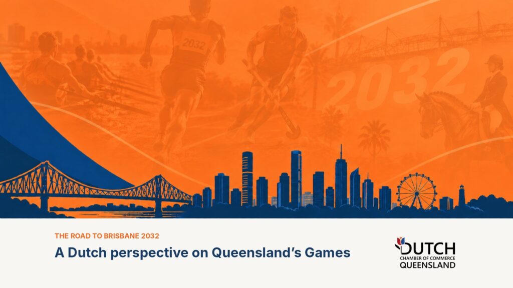 Brisbane skyline and Story Bridge in navy silhouette against an orange backdrop of rowers, a runner, a hockey player and a dressage rider, with the words The road to Brisbane 2032 and the Dutch Chamber of Commerce Queensland logo