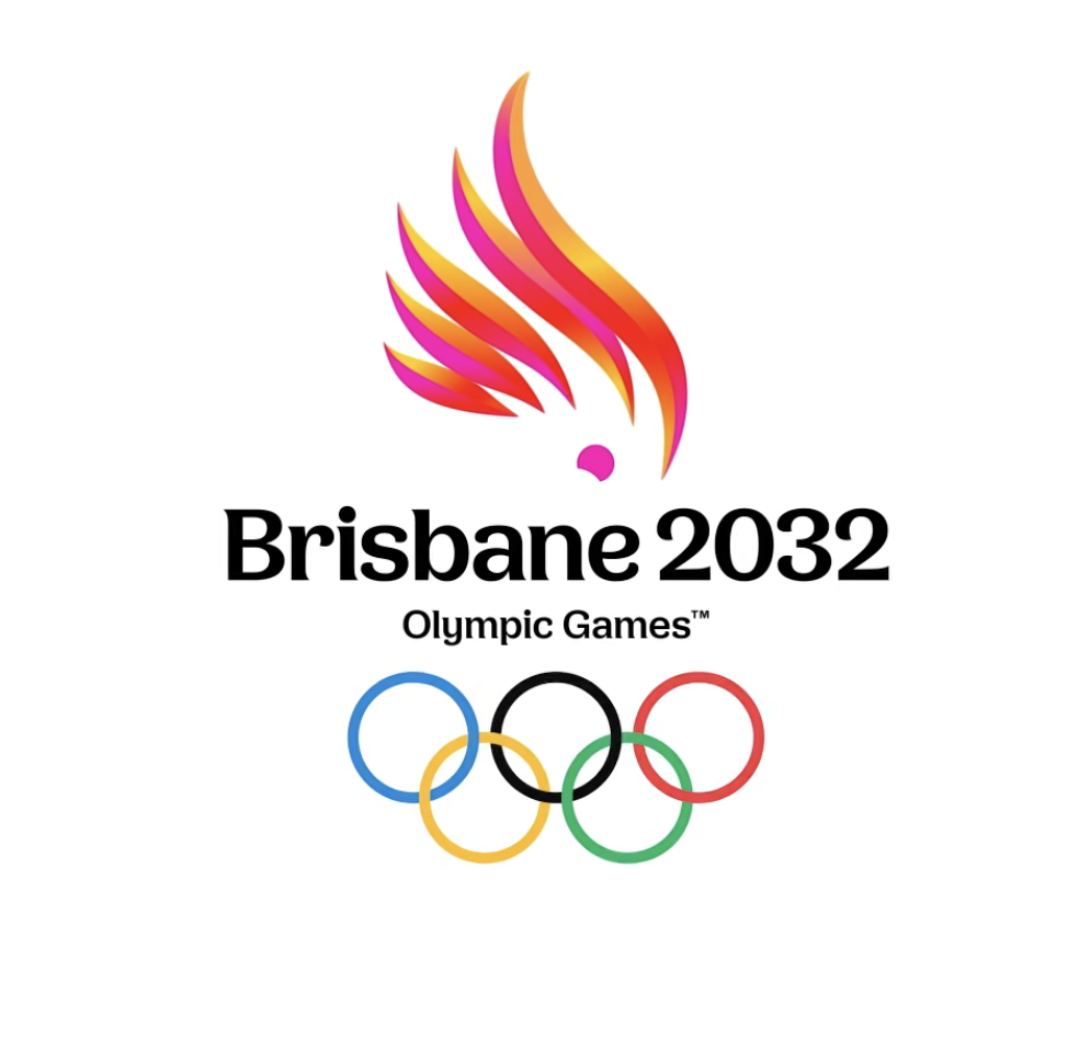 Brisbane 2032 Olympic Games emblem: a flame-like pink and orange cockatoo crest above the words Brisbane 2032 Olympic Games and the Olympic rings