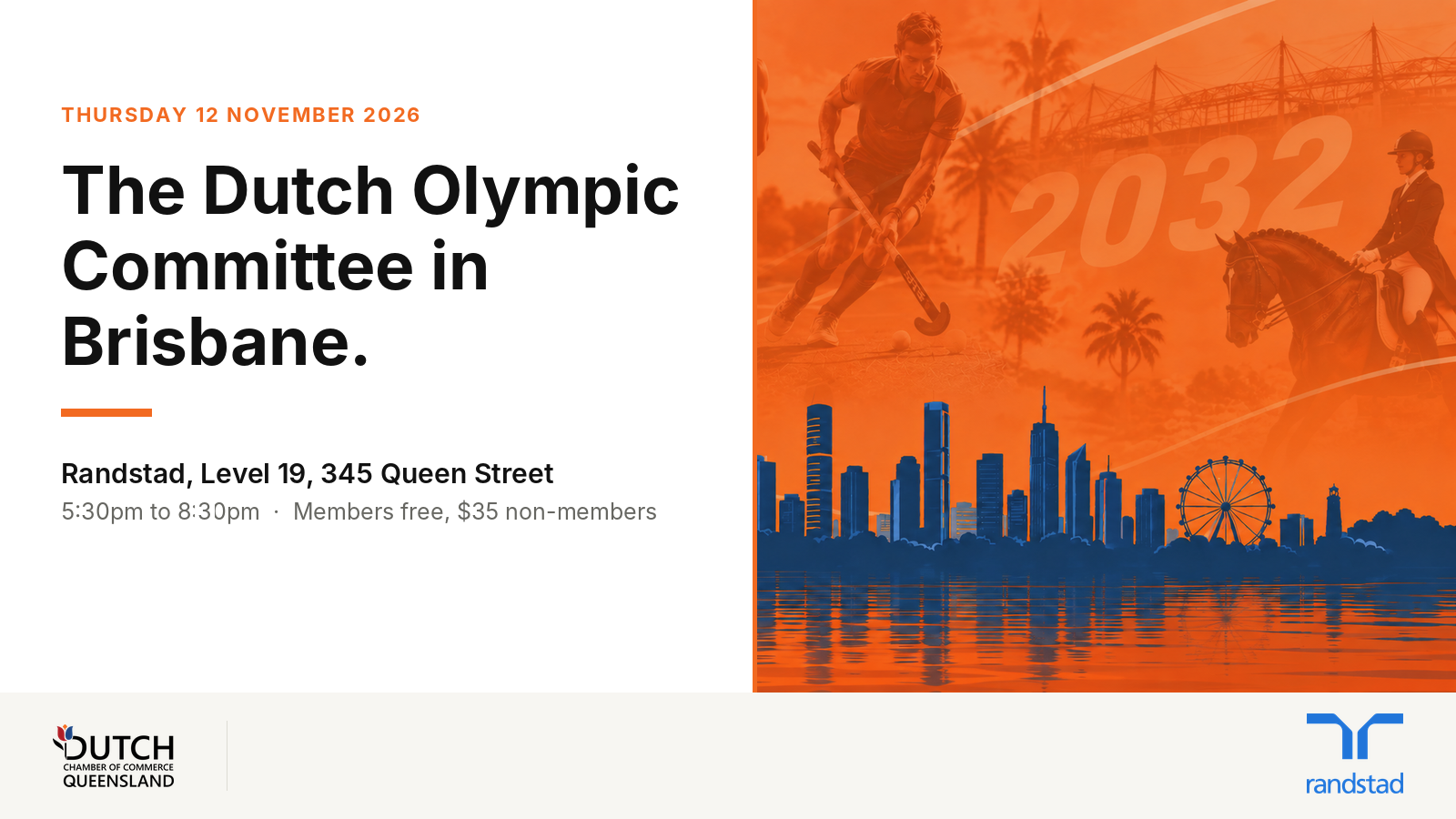 DCCQ event artwork: The Dutch Olympic Committee in Brisbane, Thursday 12 November 2026, Randstad Level 19, 345 Queen Street, 5:30pm to 8:30pm, with DCCQ and Randstad logos