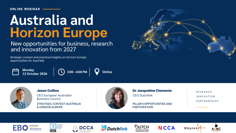 Promotional banner for the Australia and Horizon Europe online webinar on Monday 12 October 2026 at 3:00pm, with speakers Jason Collins and Dr Jacqueline Clements.