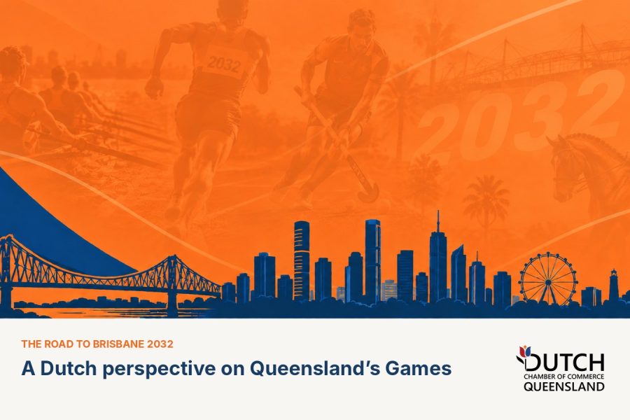 Brisbane skyline and Story Bridge in navy silhouette against an orange backdrop of rowers, a runner, a hockey player and a dressage rider, with the words The road to Brisbane 2032 and the Dutch Chamber of Commerce Queensland logo