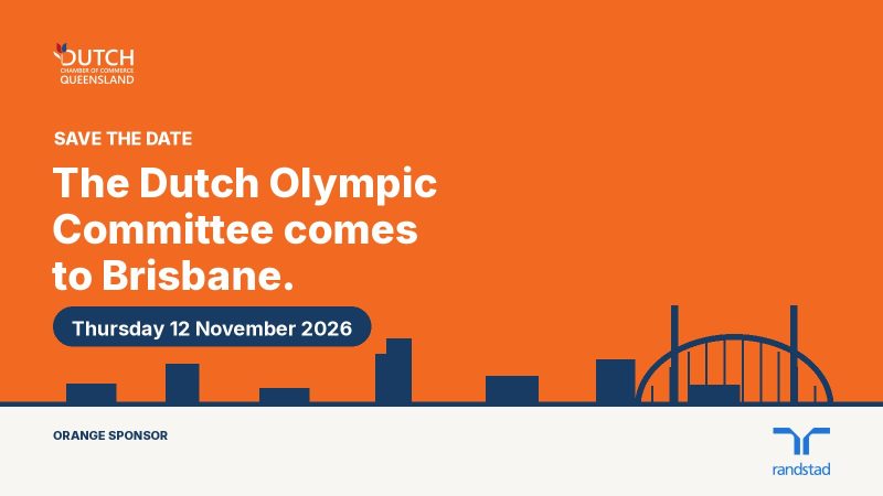 Save the date graphic for the Dutch Olympic Committee visit to Brisbane on Thursday 12 November 2026, with the Brisbane skyline and Story Bridge in silhouette and Randstad as Orange Sponsor