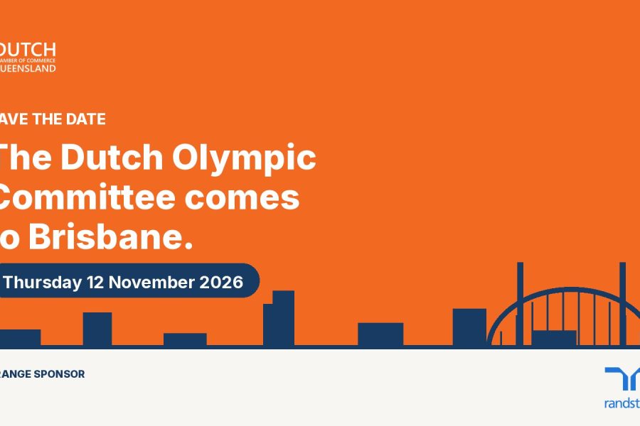 Save the date graphic for the Dutch Olympic Committee visit to Brisbane on Thursday 12 November 2026, with the Brisbane skyline and Story Bridge in silhouette and Randstad as Orange Sponsor