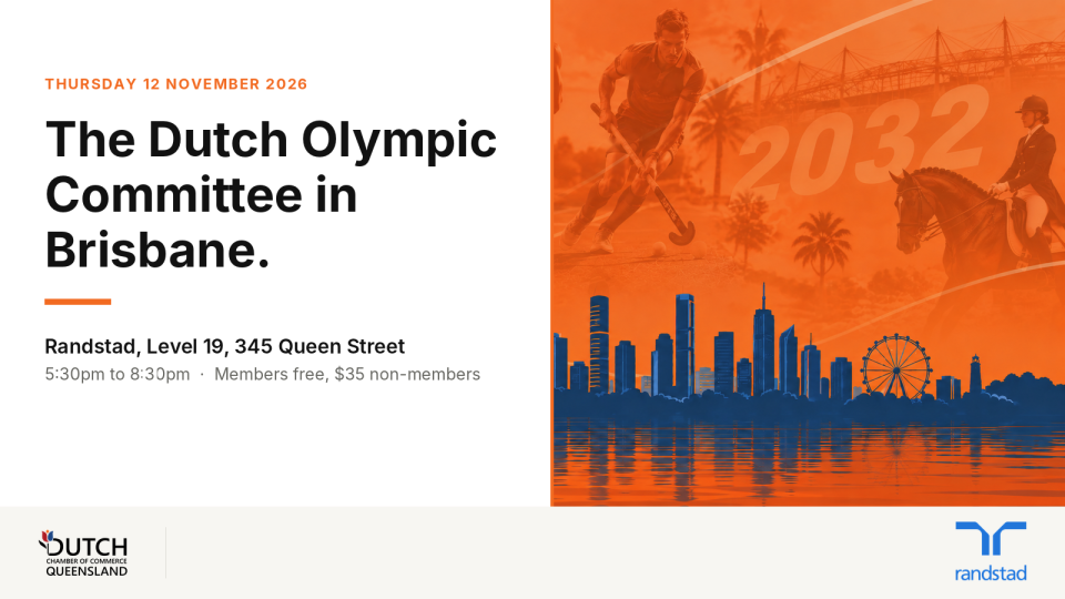 DCCQ event artwork: The Dutch Olympic Committee in Brisbane, Thursday 12 November 2026, Randstad Level 19, 345 Queen Street, 5:30pm to 8:30pm, with DCCQ and Randstad logos
